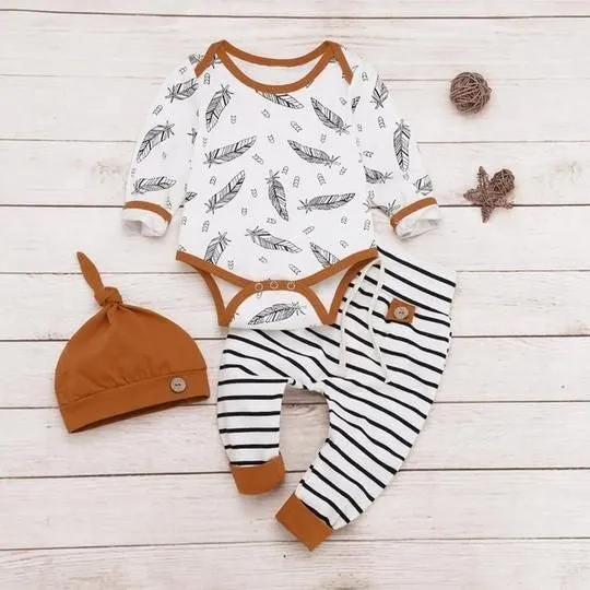 Feather Romper with Striped High Wasted Pants and Pumpkin Hat #20005