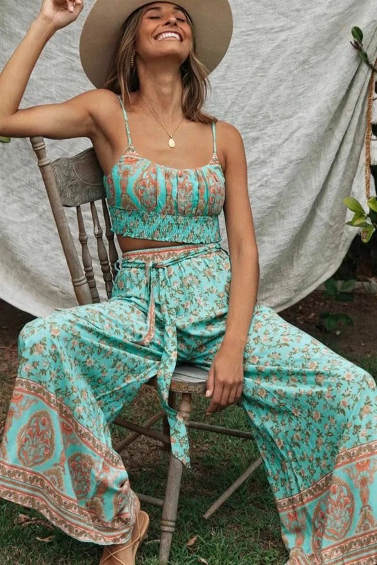 Floral Print Crop Top Pants Set