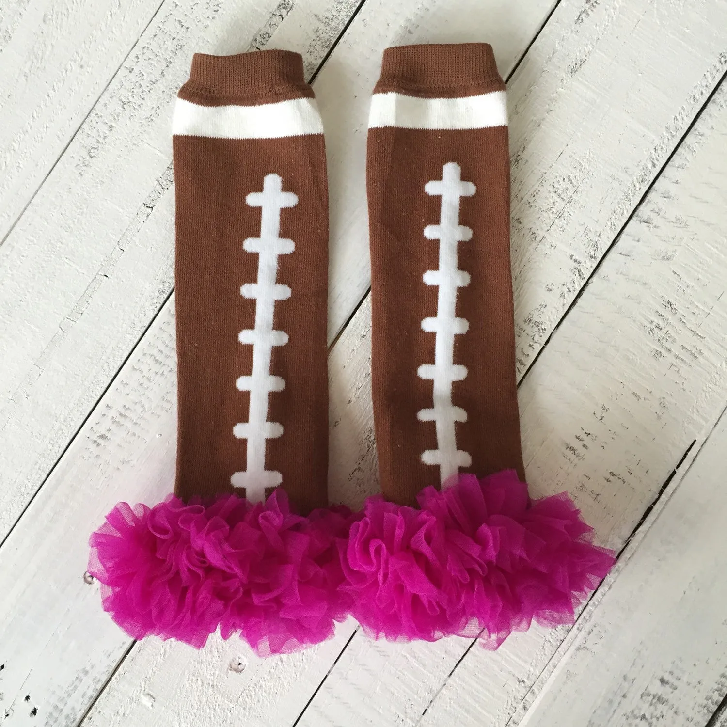 Football Leg Warmers with ruffle - Brown, White, Pink, Magenta/Plum