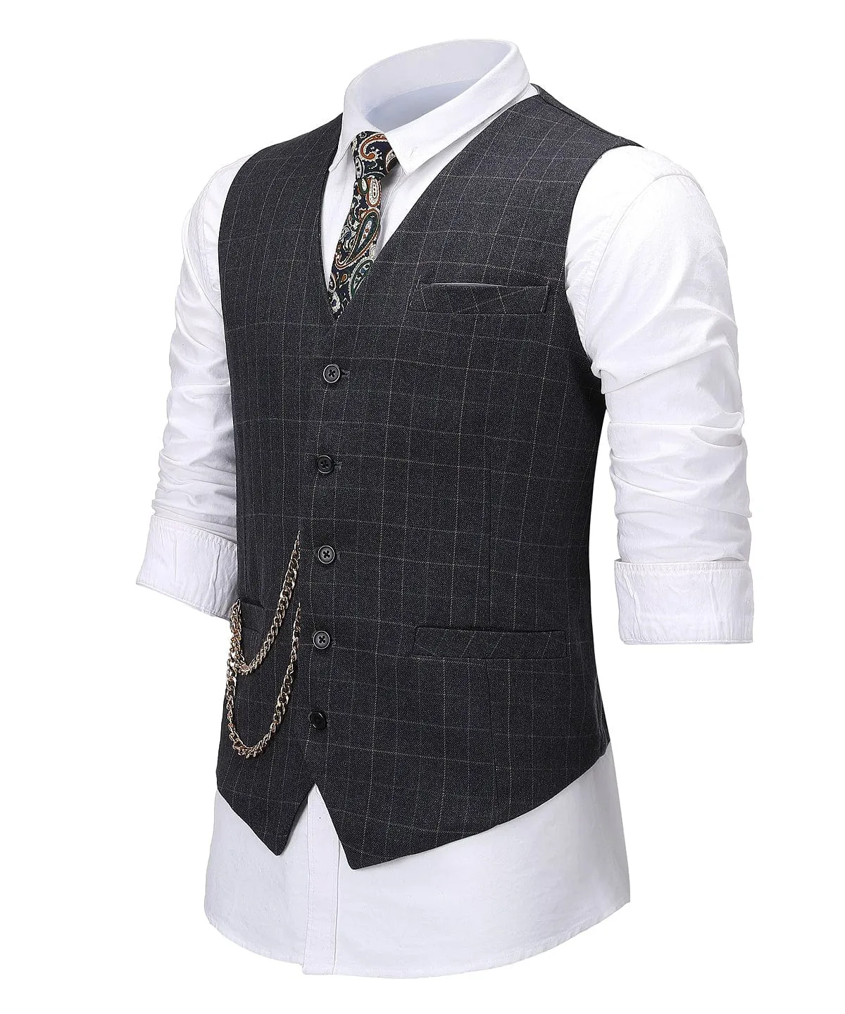 Formal Suit Vest Black Plaid V Neck Waistcoat