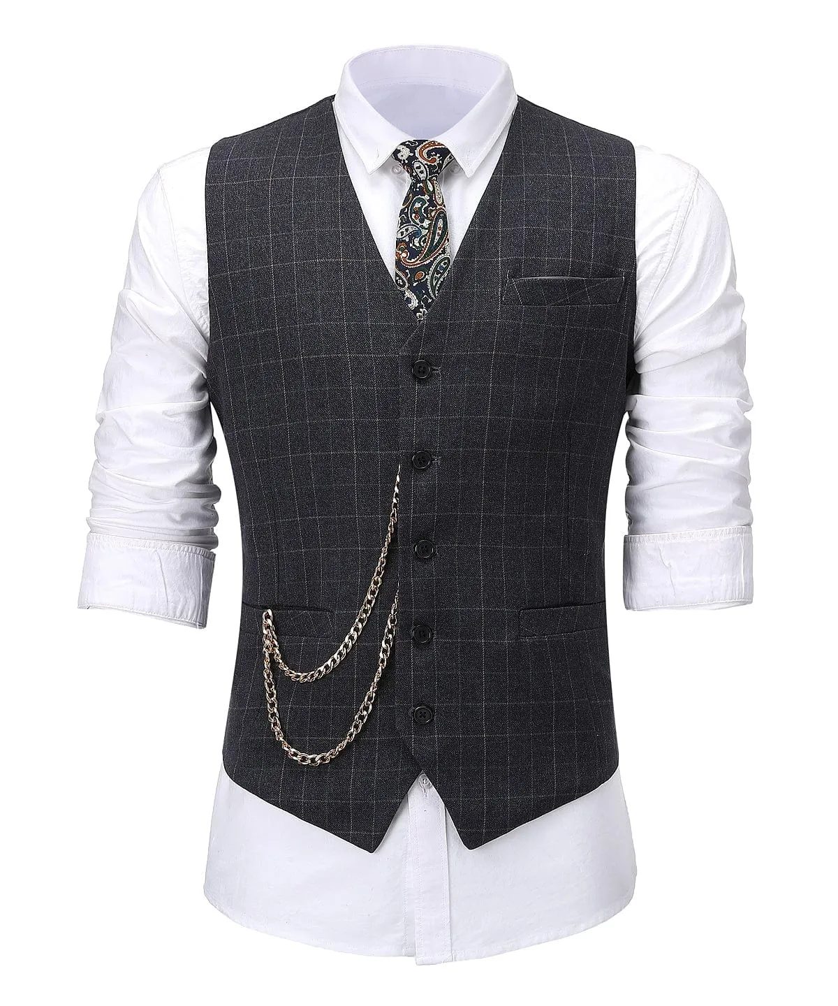 Formal Suit Vest Black Plaid V Neck Waistcoat