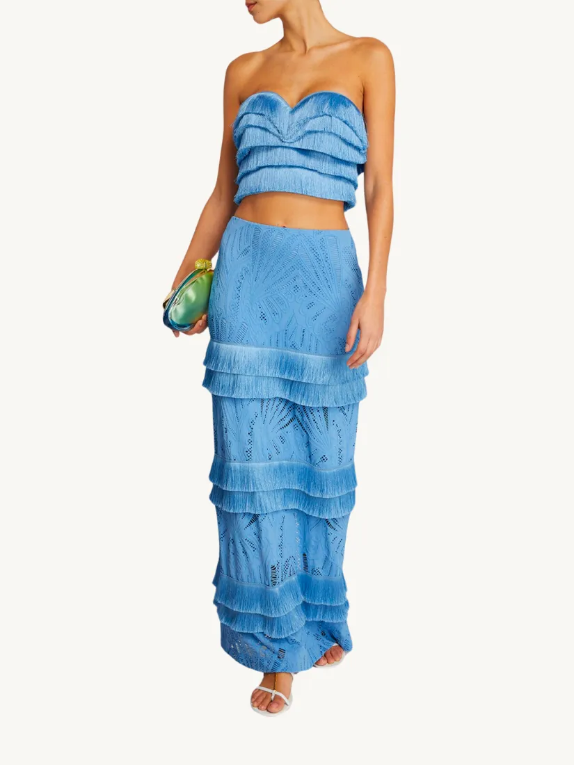 Fringe Trim Lace Maxi Skirt Sky