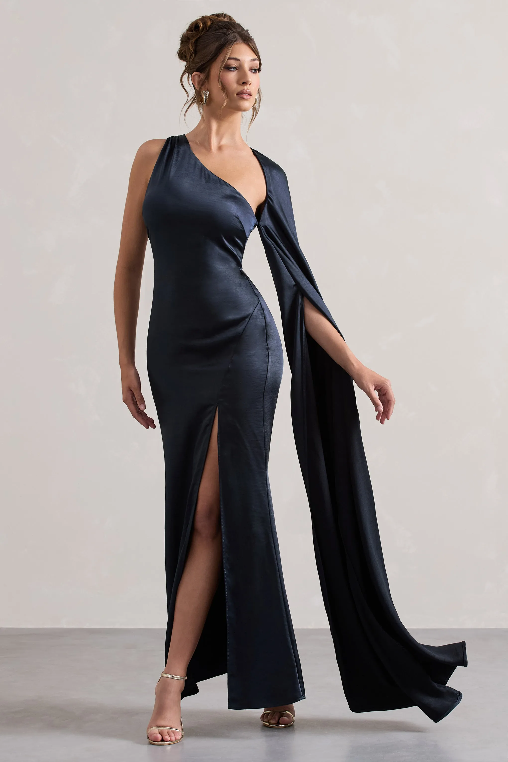 Gala | Navy Satin One-Shoulder Cape Sleeve Split Maxi Dress