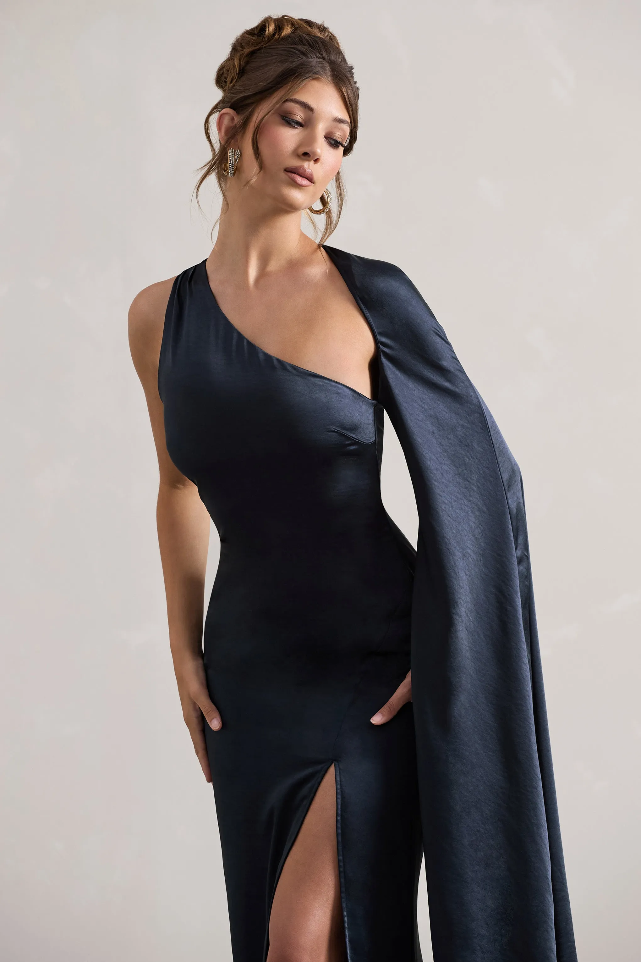 Gala | Navy Satin One-Shoulder Cape Sleeve Split Maxi Dress