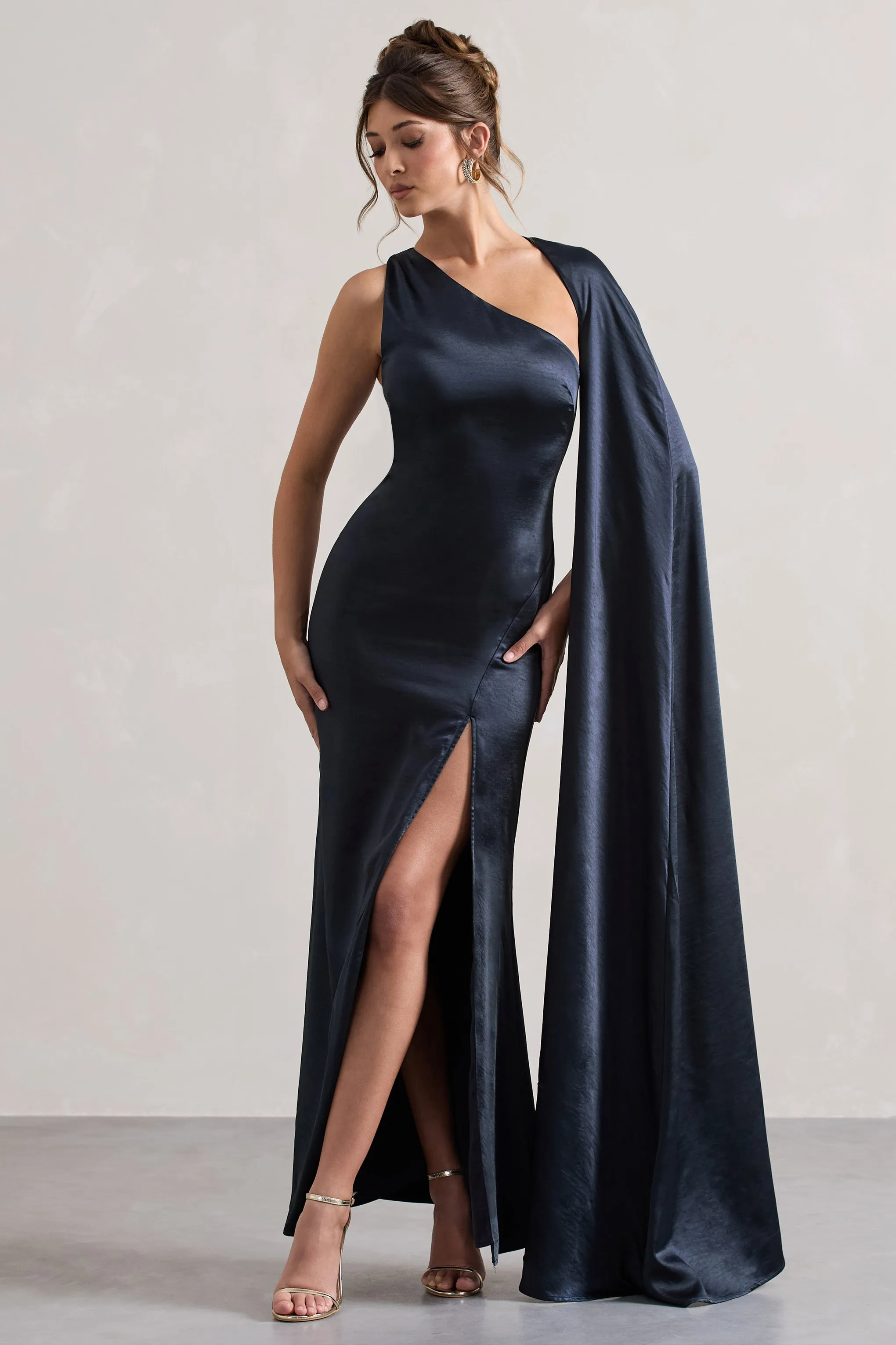 Gala | Navy Satin One-Shoulder Cape Sleeve Split Maxi Dress