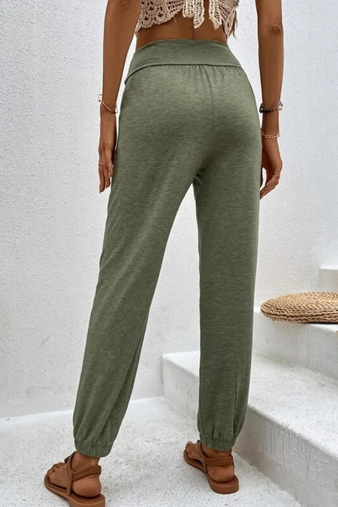 Gathered High waist Solid Long Pants