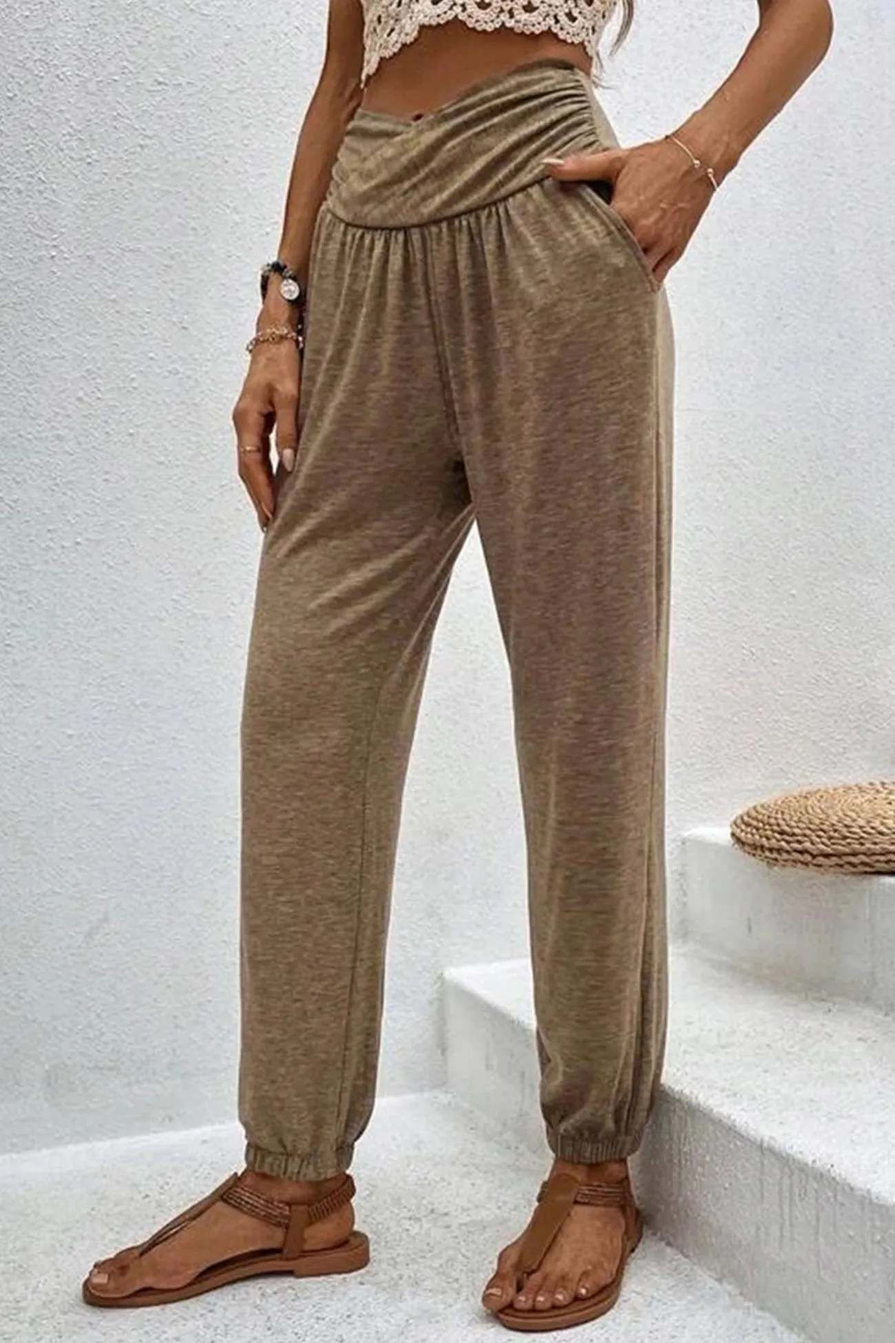 Gathered High waist Solid Long Pants