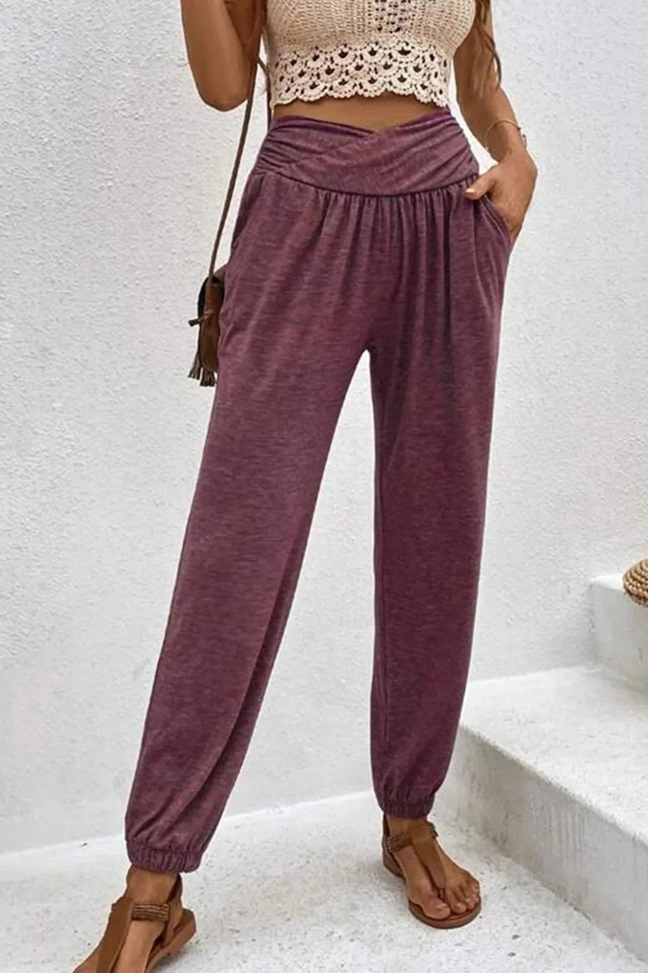 Gathered High waist Solid Long Pants