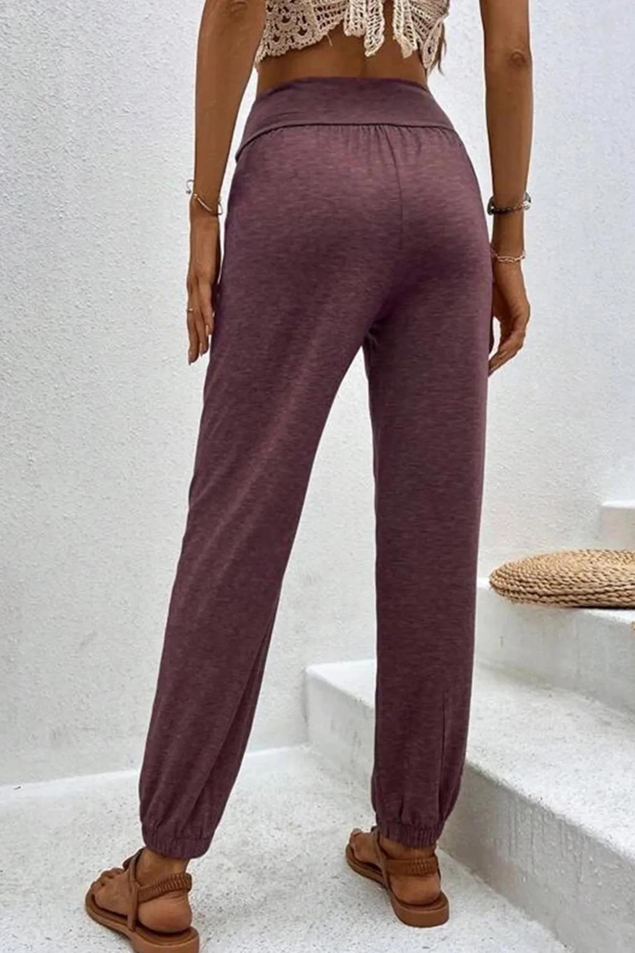 Gathered High waist Solid Long Pants