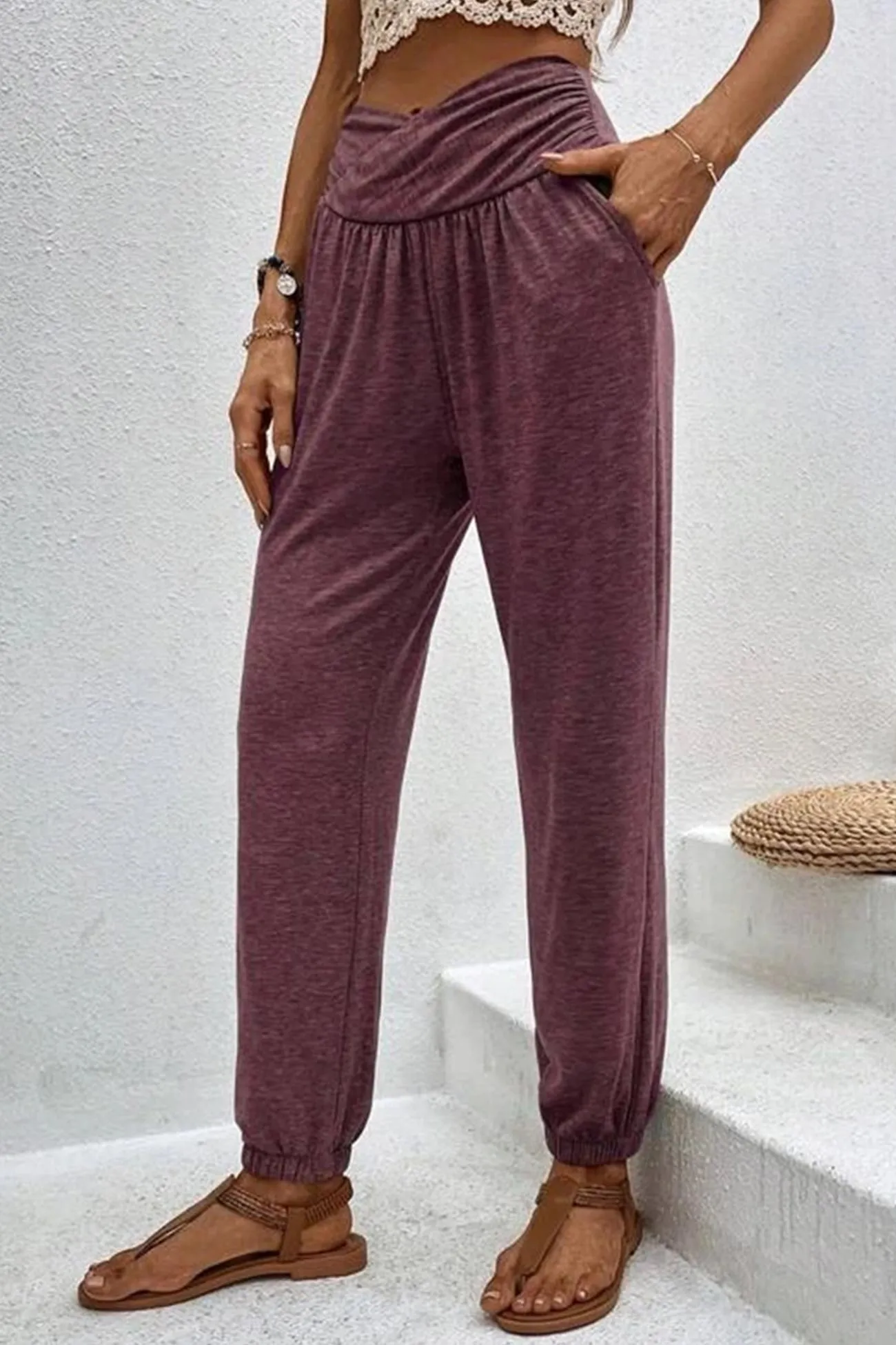 Gathered High waist Solid Long Pants