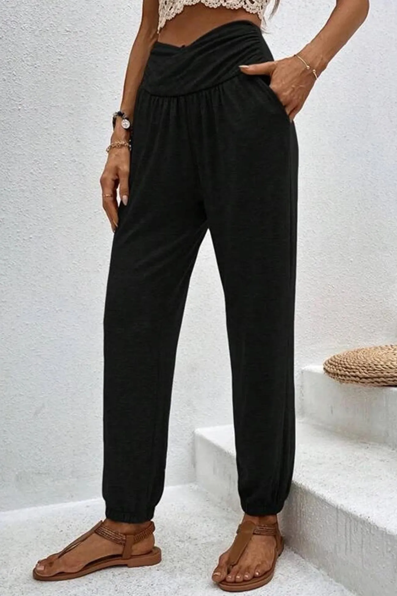 Gathered High waist Solid Long Pants