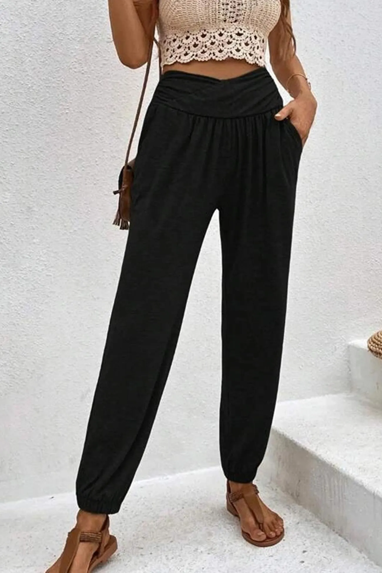 Gathered High waist Solid Long Pants