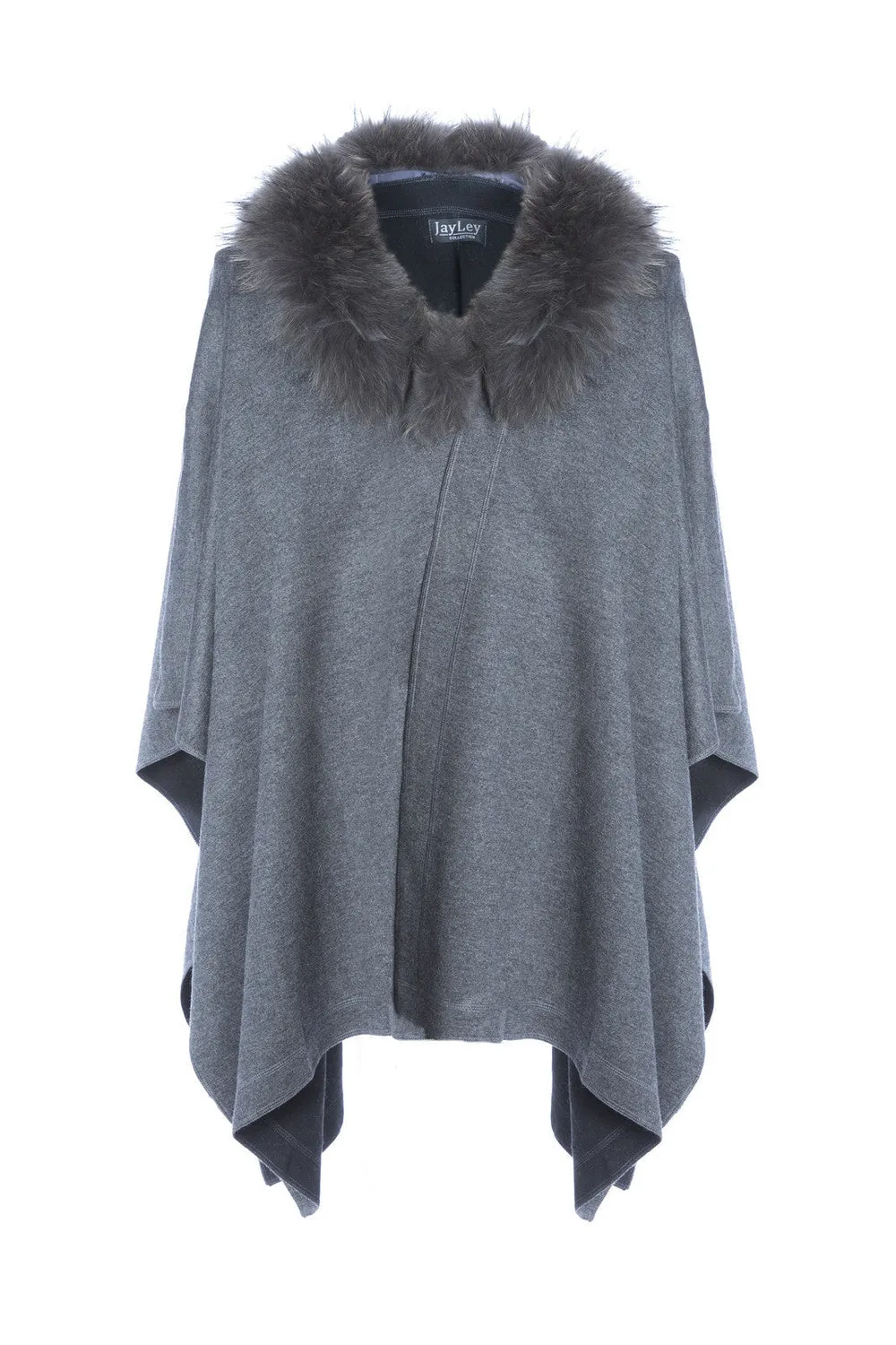 Grey Cashmere Silk Fur Trim Cape