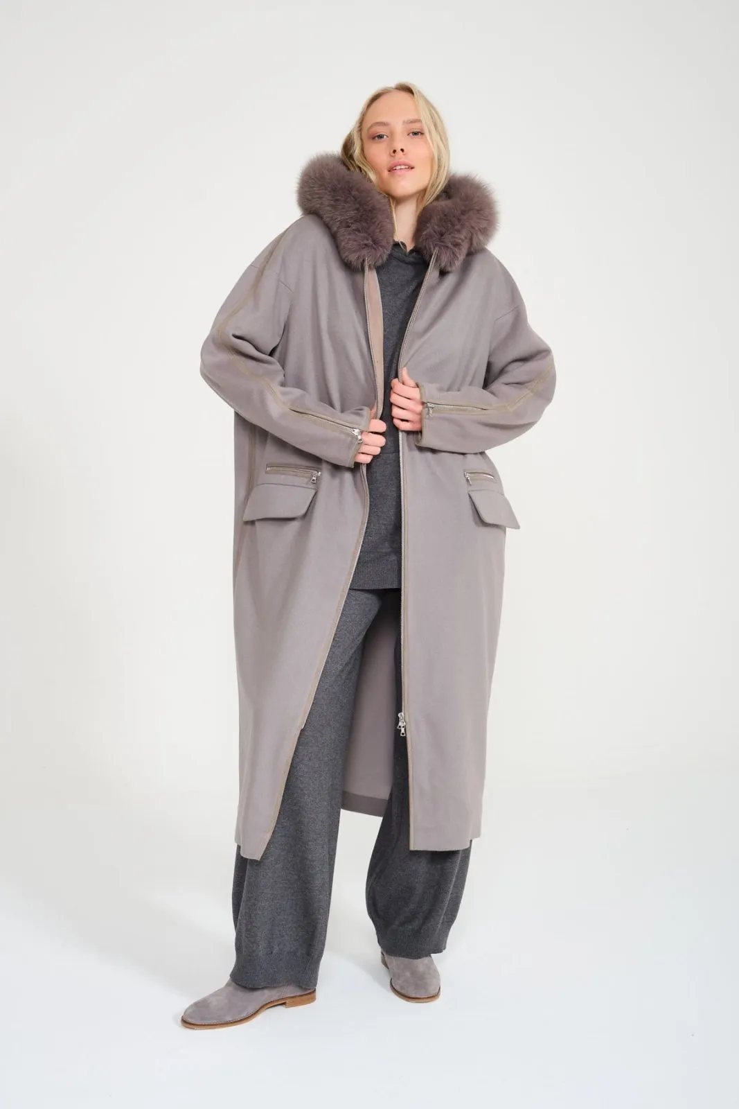 Grey Long Fox Fur Coat