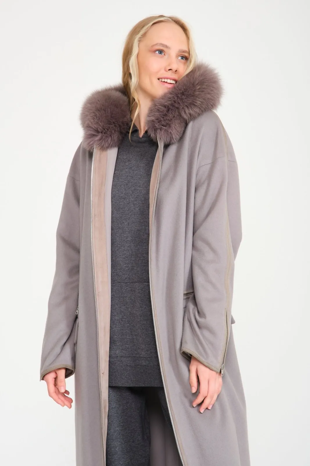 Grey Long Fox Fur Coat