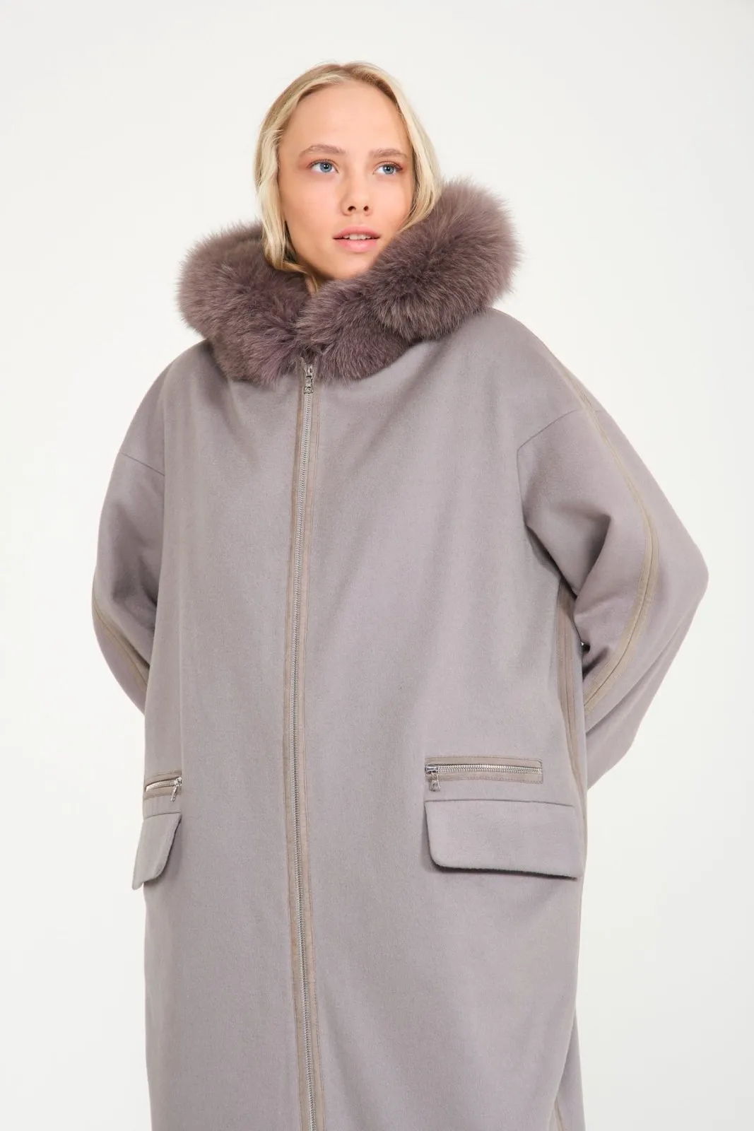 Grey Long Fox Fur Coat