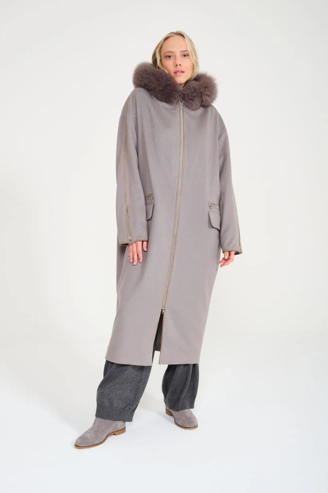 Grey Long Fox Fur Coat