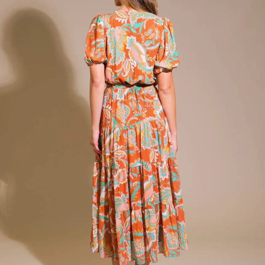 Hallie Rust Printed Short Sleeve Midi Dress