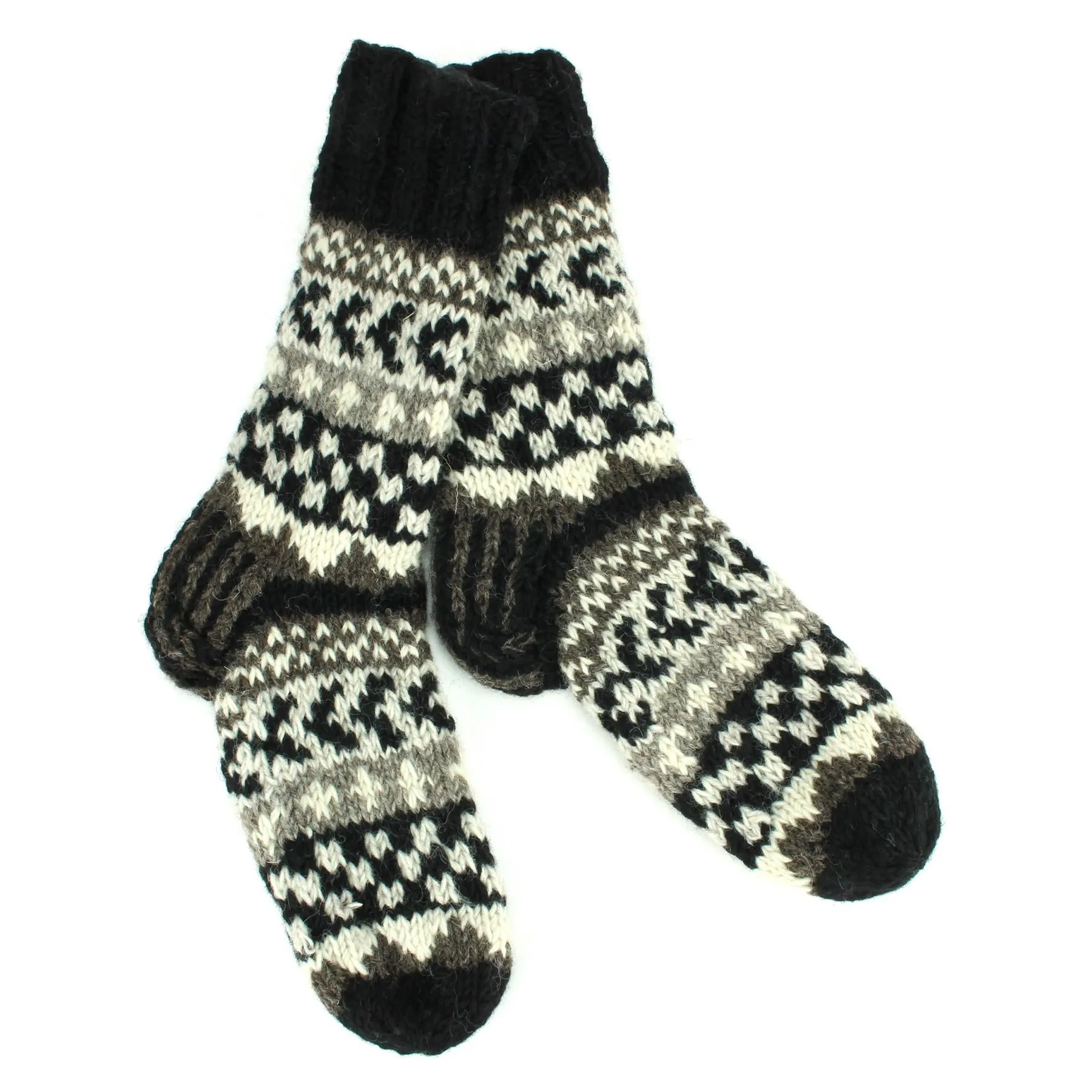 Hand Knitted Wool Slipper Socks Lined - Chevron Black