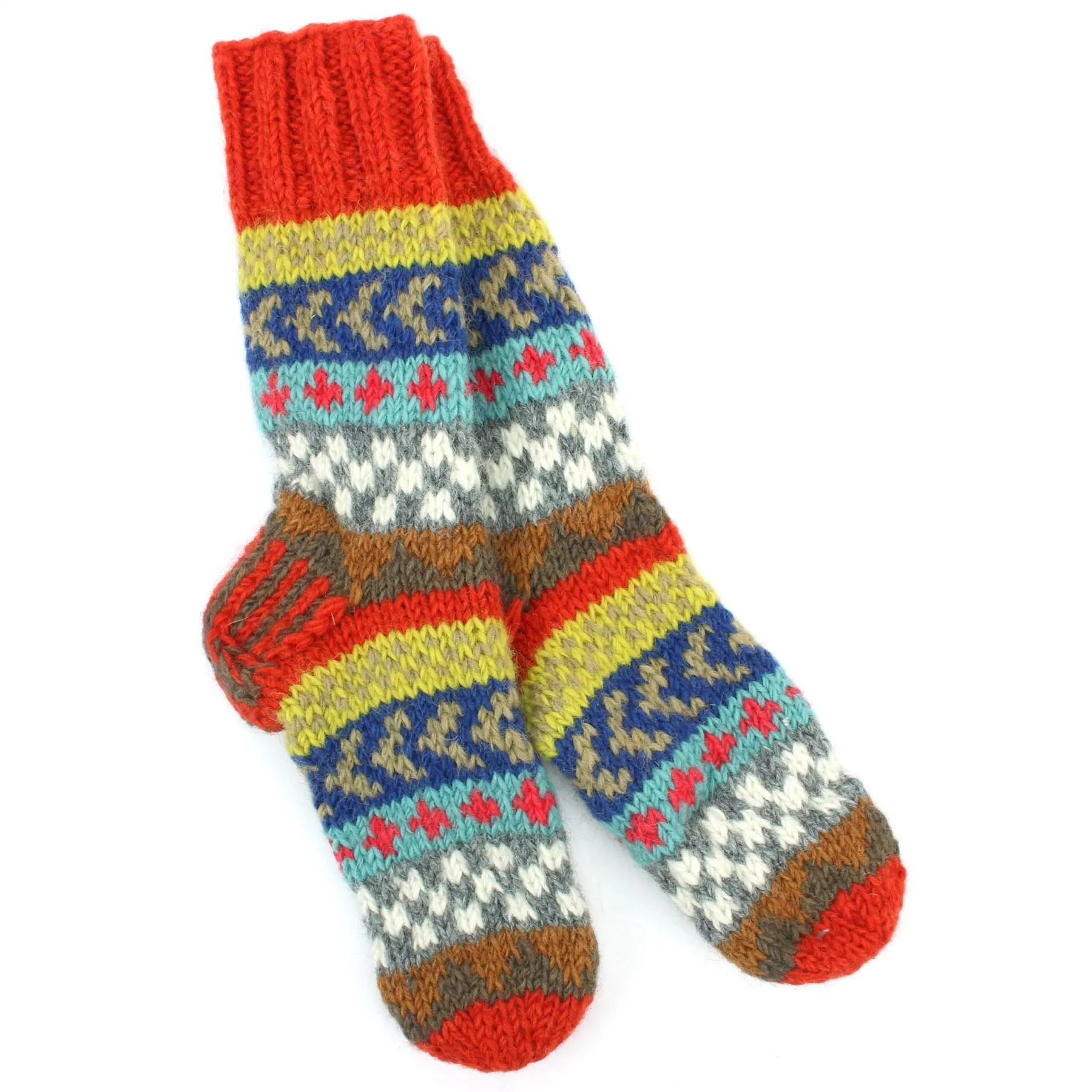 Hand Knitted Wool Slipper Socks Lined - Chevron Orange