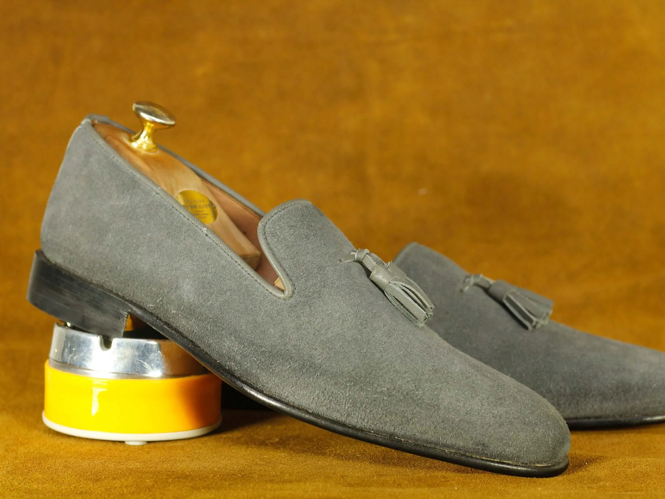 Handmade Gray Suede Tussles Loafers Shoes,Slip On's Moccasin Dress Shoes