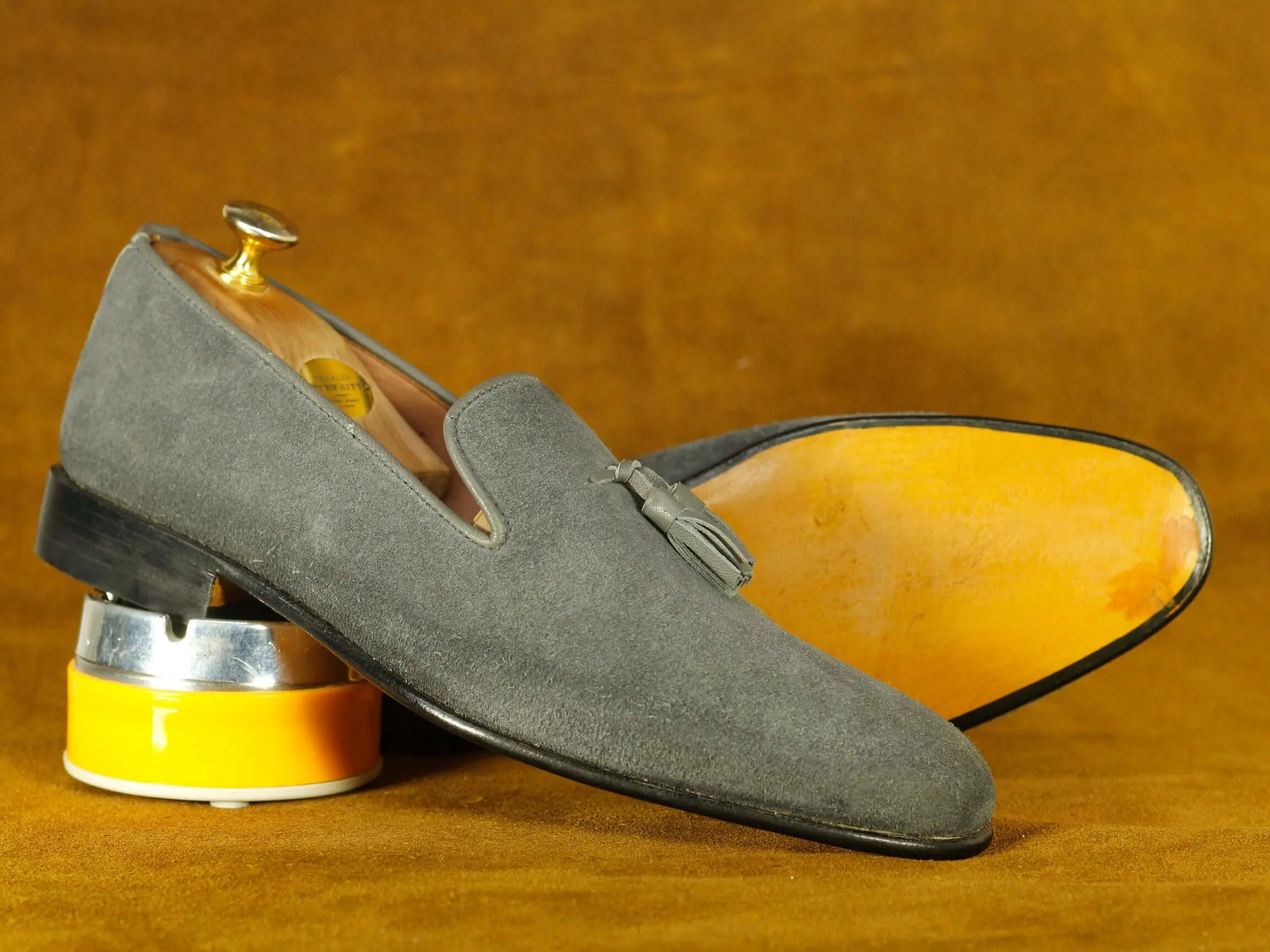 Handmade Gray Suede Tussles Loafers Shoes,Slip On's Moccasin Dress Shoes