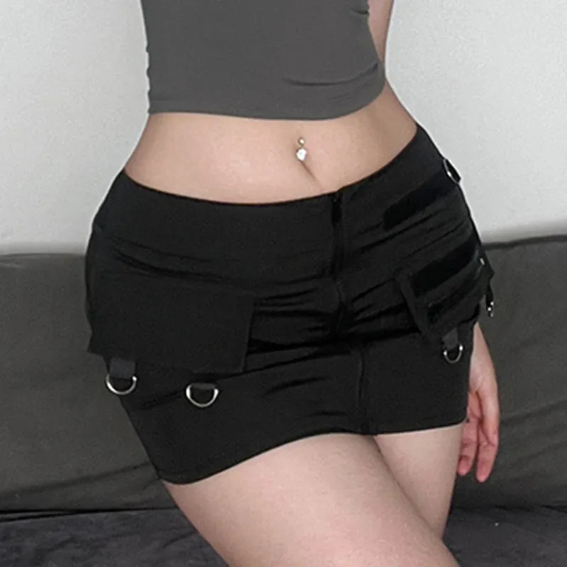 Harajuku Gothic Bodycon Low Rise Mini Skirt Female Zipper Dark Academia Summer Cargo Skirts Super Short Hottie Bottom