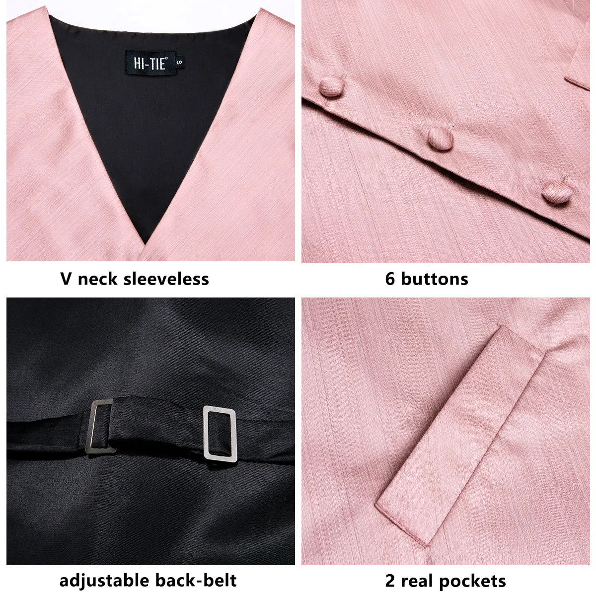 Hi-Tie Baby Pink Men's Vest Hanky Cufflinks Tie Set Waistcoat Suit Set