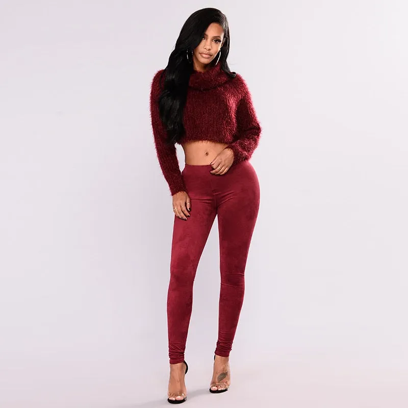 High Waist Burgundy Faux Suede Leather Leggings