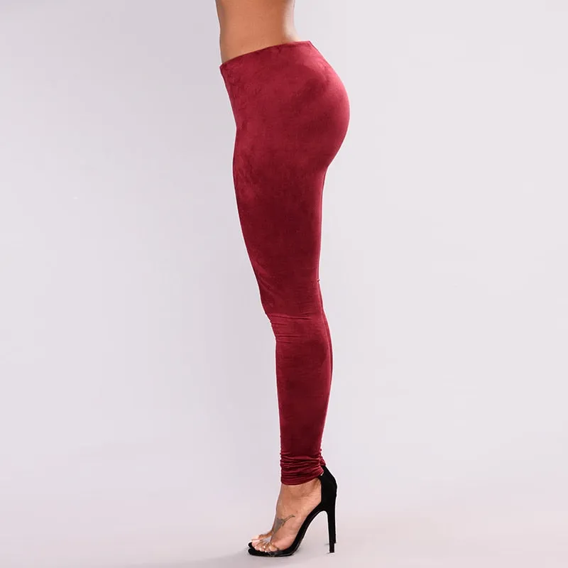 High Waist Burgundy Faux Suede Leather Leggings