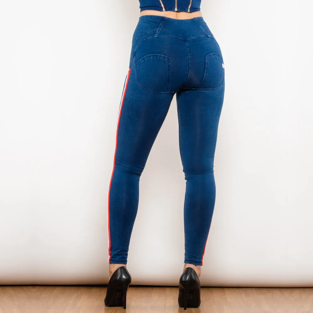 High Waist Dark Thread Dark Blue Jeans with Stripe