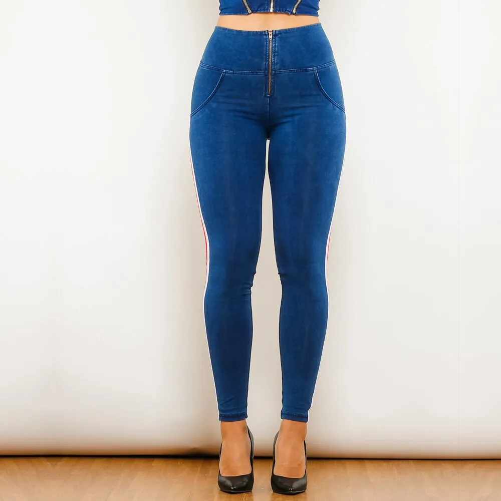 High Waist Dark Thread Dark Blue Jeans with Stripe