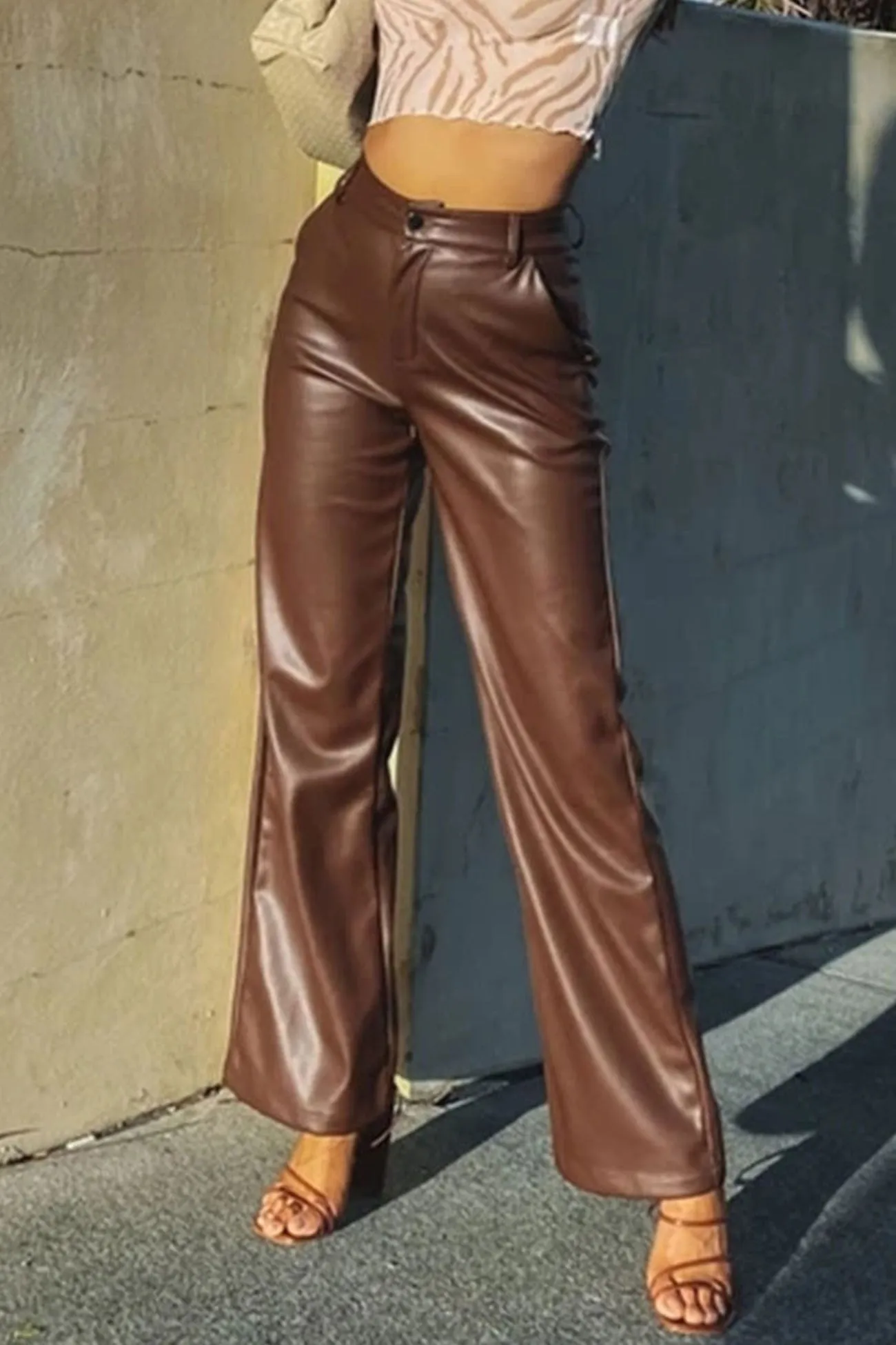 High Waist Wide Leg Leather Pants