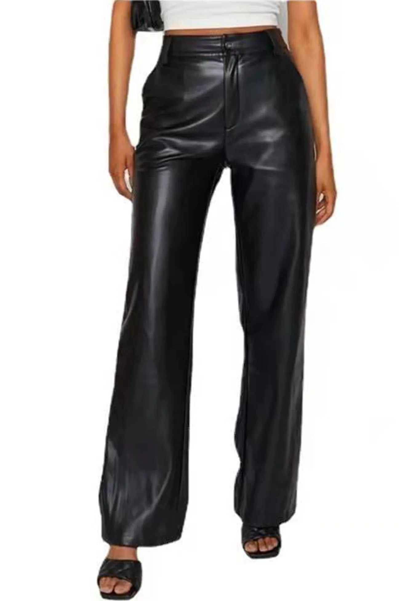 High Waist Wide Leg Leather Pants