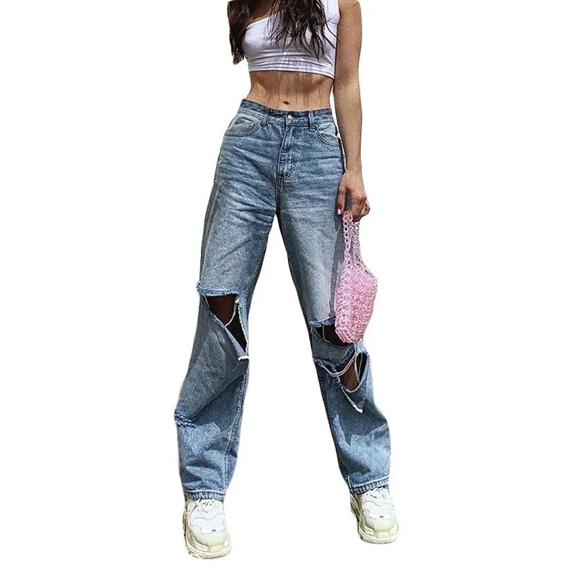 High Waist Women's Loose Destroyed Hole Denim Mopping Pants