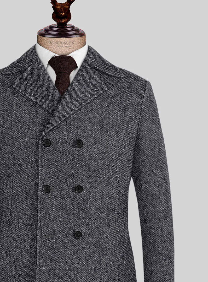 Highlander Heavy Charcoal Herringbone Tweed Pea Coat