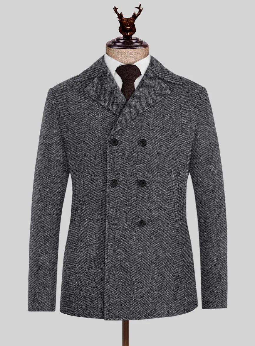 Highlander Heavy Charcoal Herringbone Tweed Pea Coat