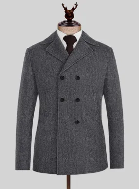 Highlander Heavy Charcoal Herringbone Tweed Pea Coat