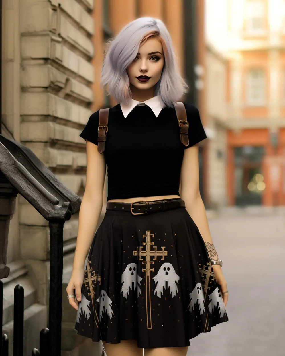 Holy Spirits Skater Skirt - Dark Academia Witchy Vegan Skirt with spooky ghosts & UPF 50  Protection from 98% harmful rays