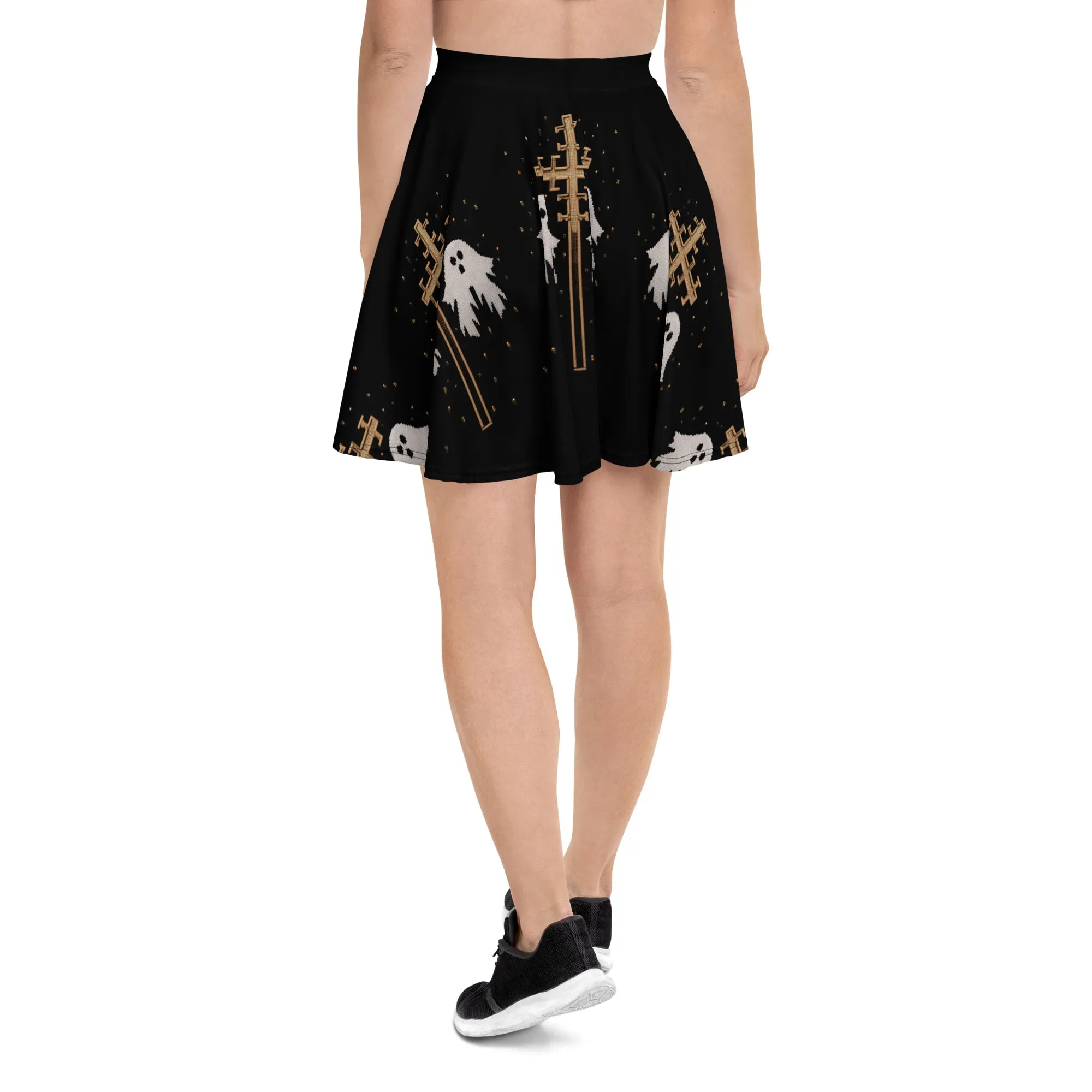 Holy Spirits Skater Skirt - Dark Academia Witchy Vegan Skirt with spooky ghosts & UPF 50  Protection from 98% harmful rays