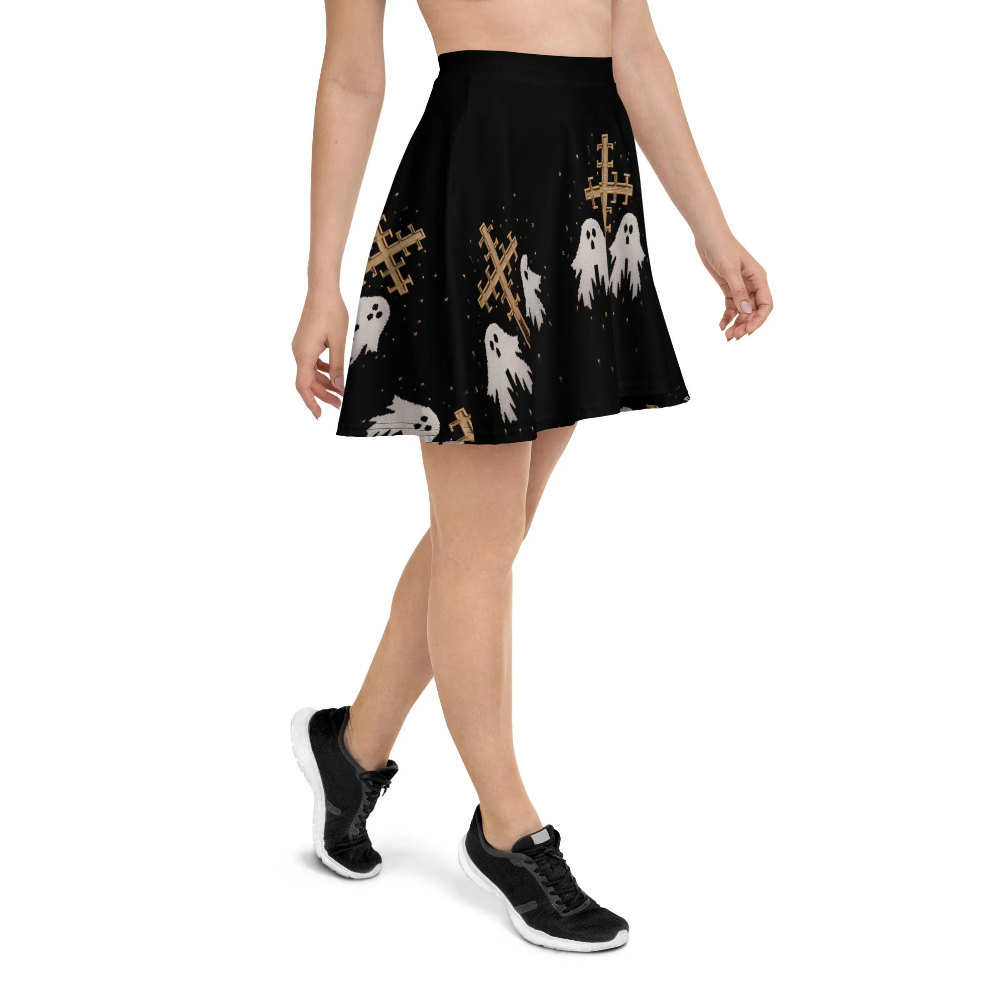 Holy Spirits Skater Skirt - Dark Academia Witchy Vegan Skirt with spooky ghosts & UPF 50  Protection from 98% harmful rays