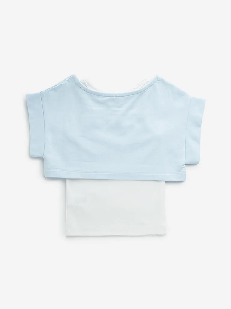 HOP Kids White & Blue Cotton Crop T-Shirt with Ribbed Vest