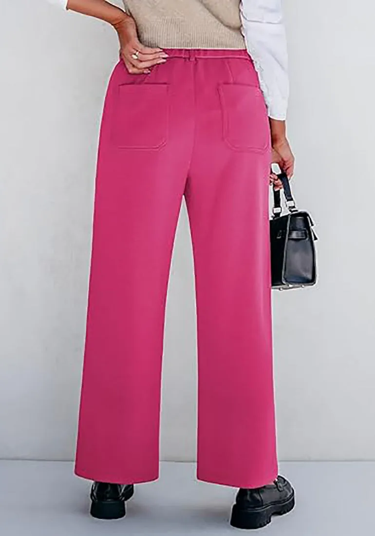 Hot Pink Women's  High Waist Relaxed Fit Wide Leg Cropped Length Style Casual Pants With Pockets