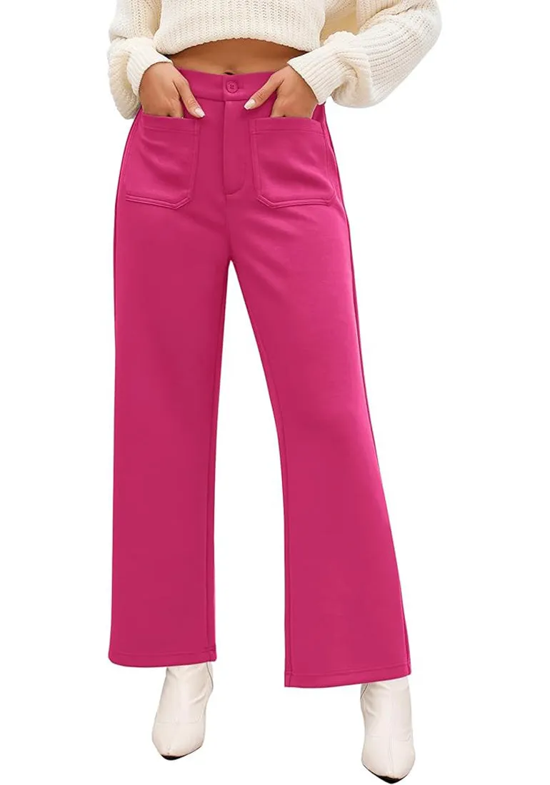 Hot Pink Women's  High Waist Relaxed Fit Wide Leg Cropped Length Style Casual Pants With Pockets