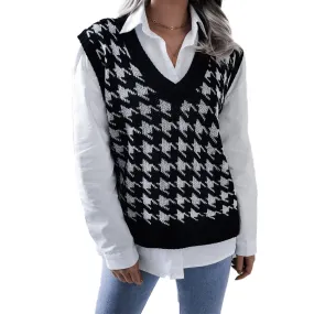 Houndstooth Print Knitted Top Women V Neck Sweater Vest