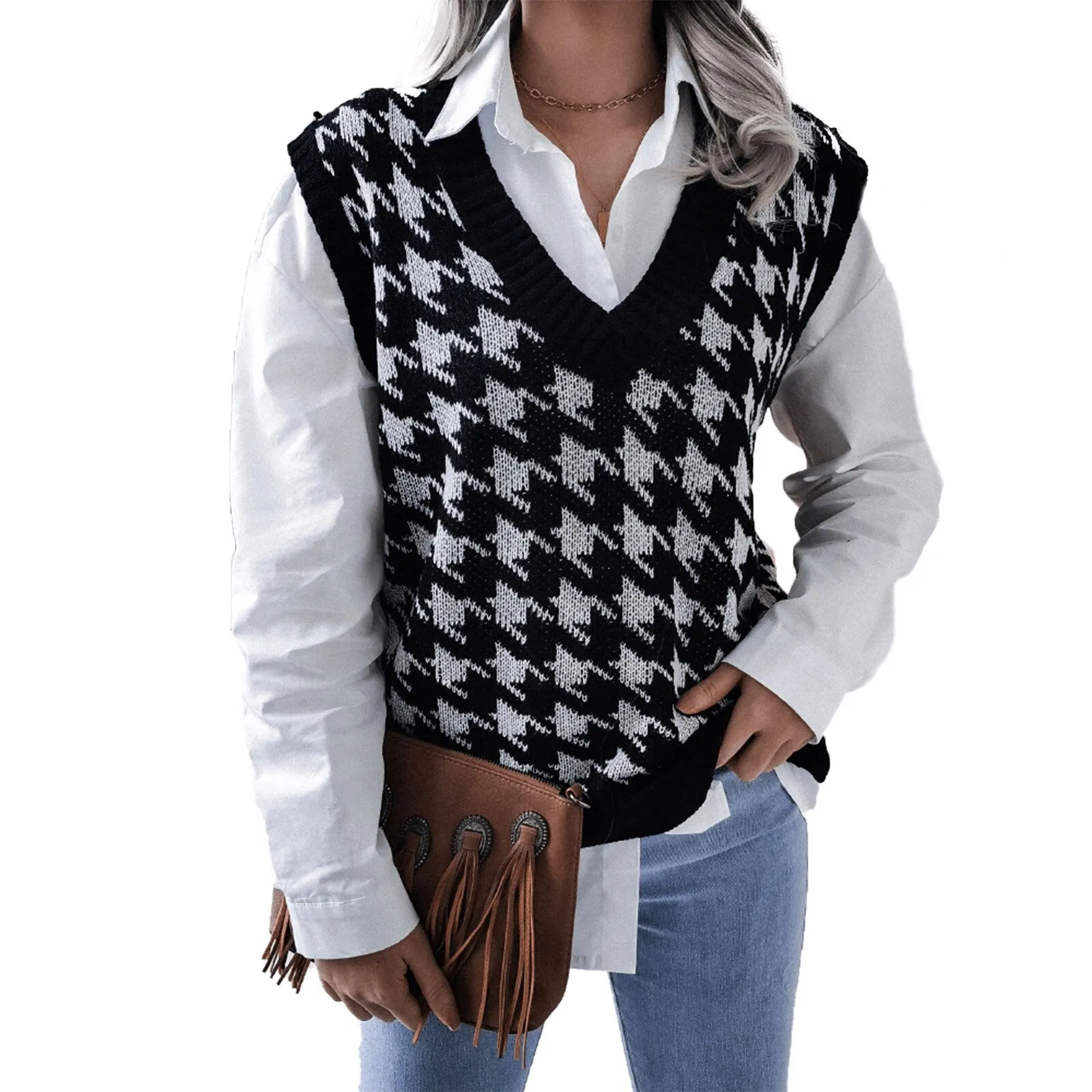 Houndstooth Print Knitted Top Women V Neck Sweater Vest