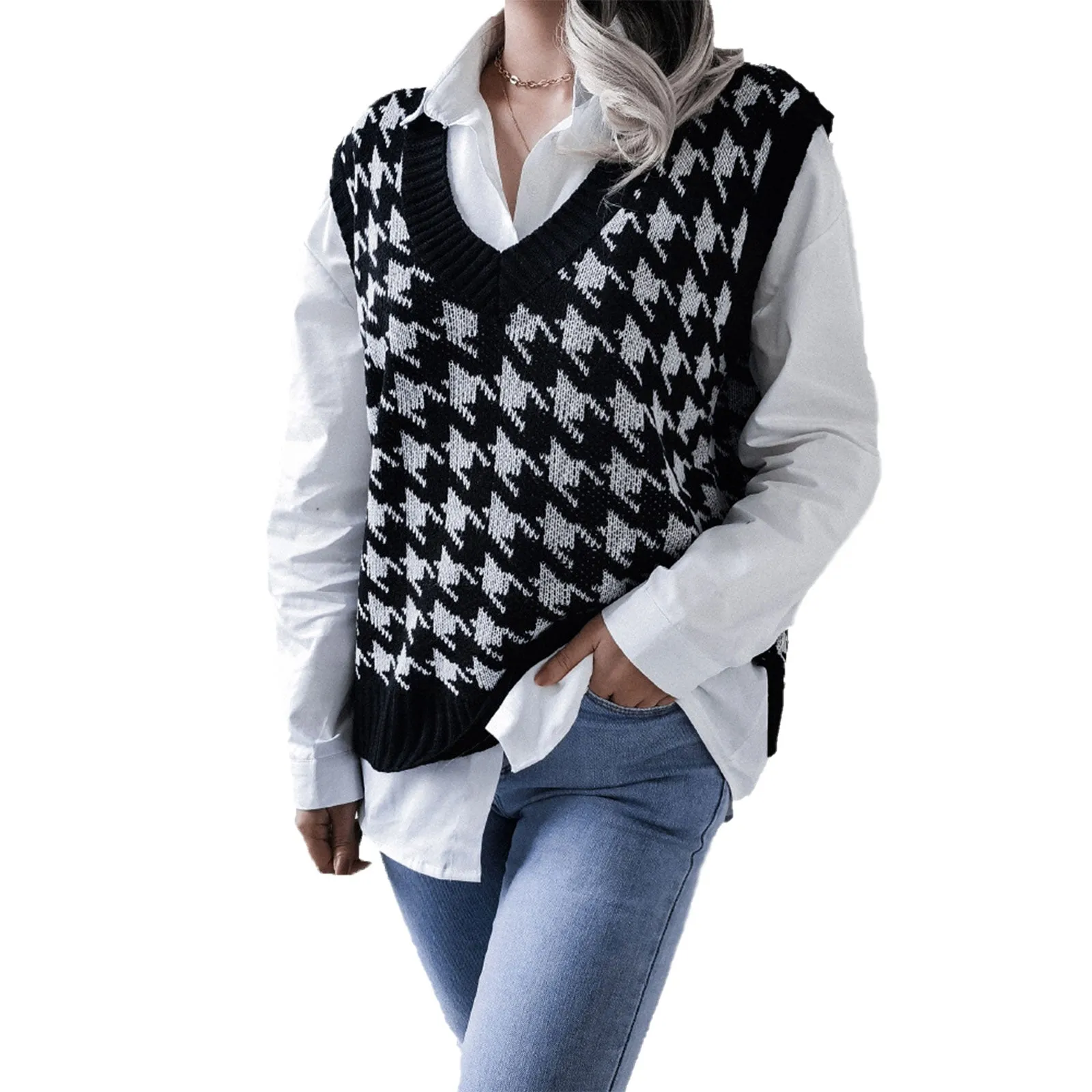 Houndstooth Print Knitted Top Women V Neck Sweater Vest