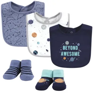 Hudson Baby Cotton Bib and Sock Set, Space