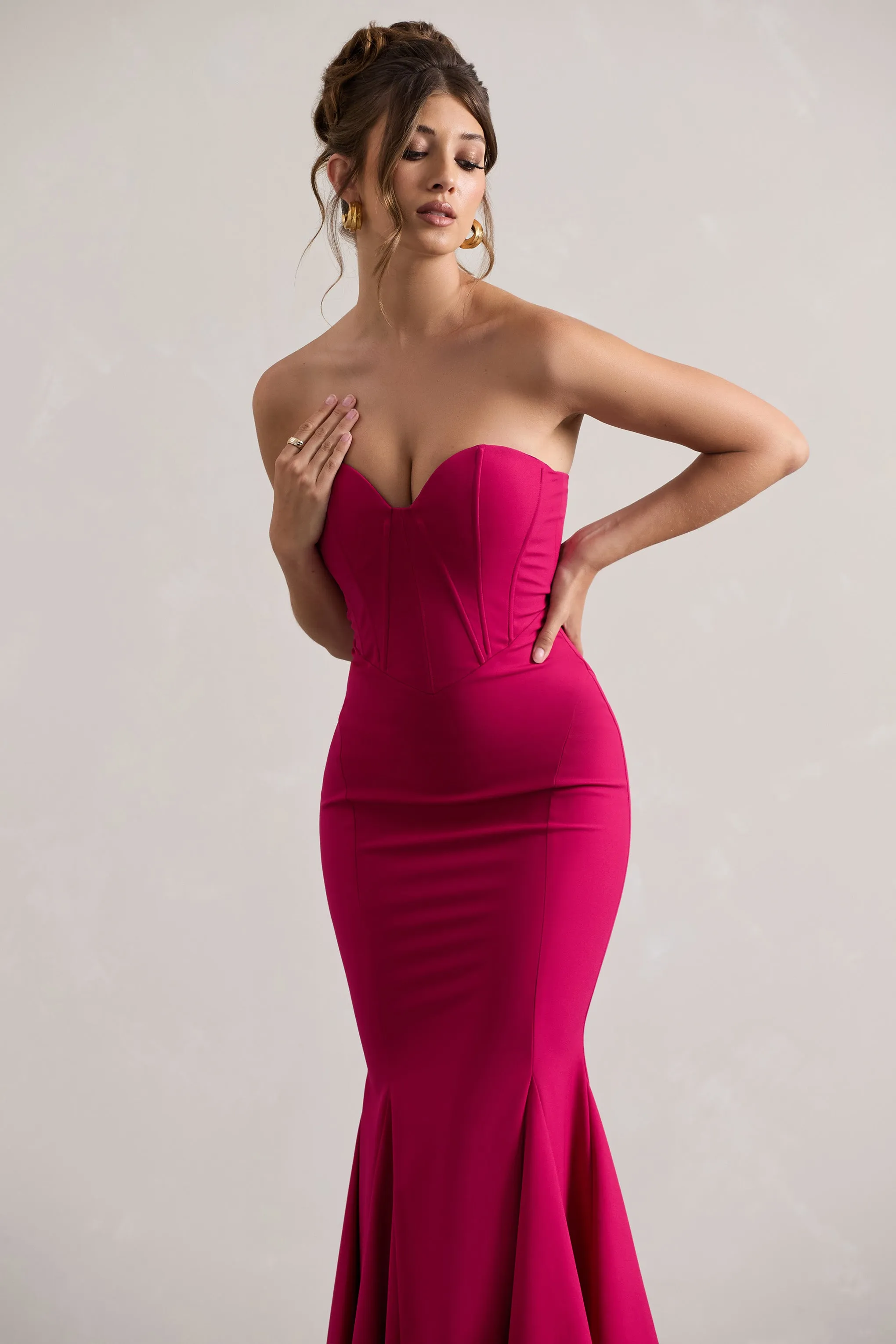 Idyllic | Hot Pink Strapless Corset Style Fishtail Maxi Dress