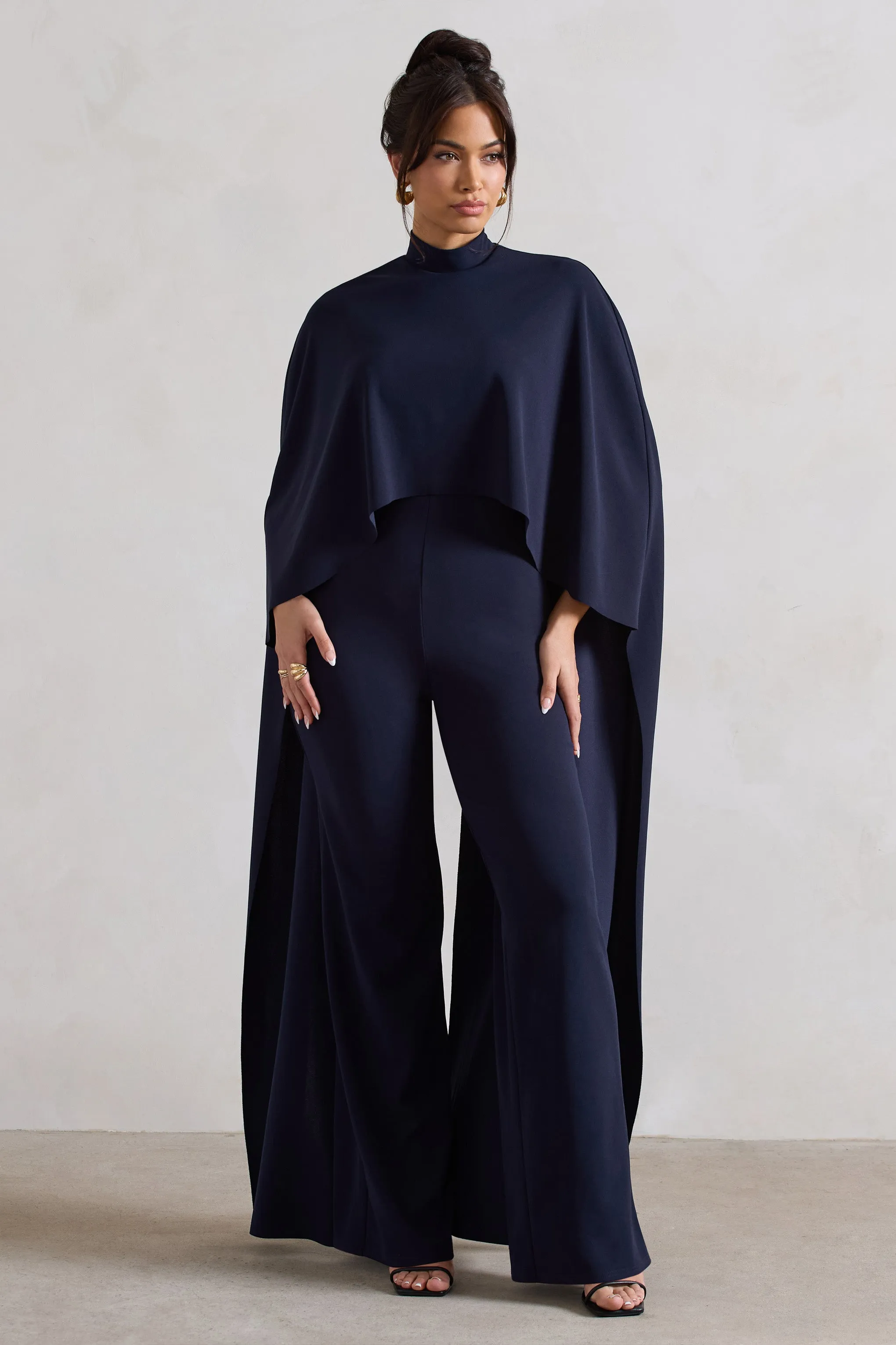 Indra | Navy High-Neck Wide-Leg Cape Jumpsuit